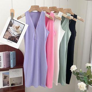 V-neck Plain Zip Skinny Dress
