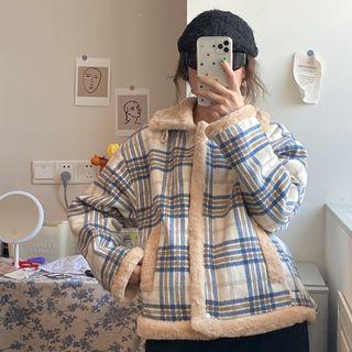 Furry Plaid Jacket Plaid - Blue & White - One Size