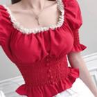 Puff-sleeve Shirred Frill Trim Crop Top Red - One Size