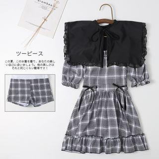 Elbow-sleeve Collared Plaid Swim Dress
