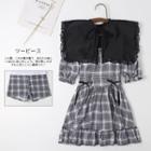 Elbow-sleeve Collared Plaid Swim Dress