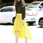 Set: Frilled Long-sleeve Blouse + A-line Midi Skirt