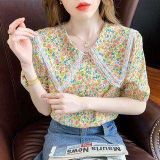 Floral Puff-sleeve Peter Pan Collar Short-sleeve Shirt