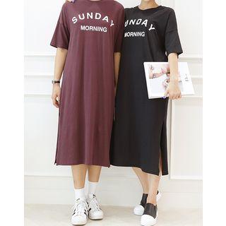 Elbow-sleeve Lettering Long T-shirt Dress