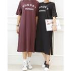 Elbow-sleeve Lettering Long T-shirt Dress