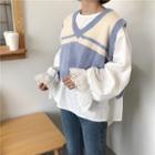 Eyelet Cuff Long-sleeve Blouse / Color Block V-neck Sweater Vest