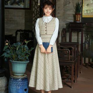 Long-sleeve Paneled Blouse / Check Jumper Dress