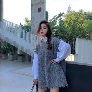 Bubble-sleeved Shirt / Frayed Knit Vest