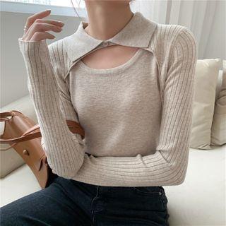 Mock Two Piece Striped Plain Knit Long-sleeve Top