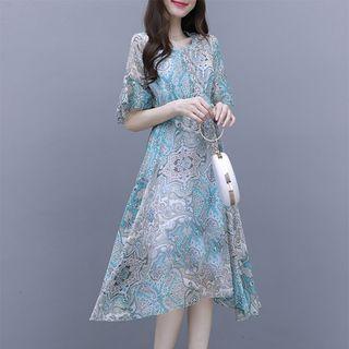 Short-sleeve Printed Ruffle Hem A-line Dress
