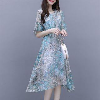 Short-sleeve Printed Ruffle Hem A-line Dress