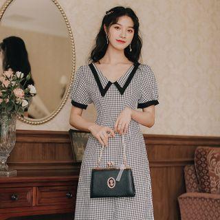 Puff-sleeve V-neck Check Midi A-line Dress