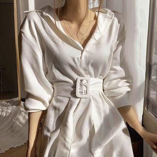 Tie-waist 3/4-sleeve Midi A-line Shirtdress