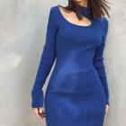 Long-sleeve Mock-neck Cutout Knit Bodycon Dress