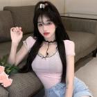 Short-sleeve Lace Trim T-shirt / Lace Trim Cropped Halter Top