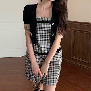 Knit Top / Spaghetti Strap Plaid Dress