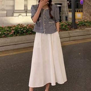Set: Short-sleeve Button-up Check Blouse + Midi A-line Skirt