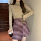 Long-sleeve Turtleneck Shirred Top / Plaid Mini A-line Skirt