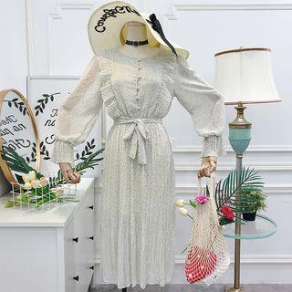 Long-sleeve Dotted Ruffle Trim Midi A-line Chiffon Dress