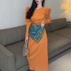 Puff-sleeve Midi A-line Dress Tangerine - One Size
