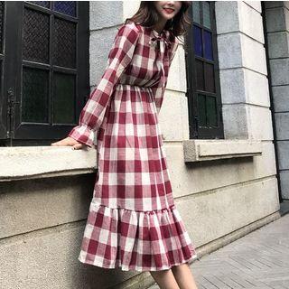 Long-sleeve Tie-neck Gingham Midi A-line Dress