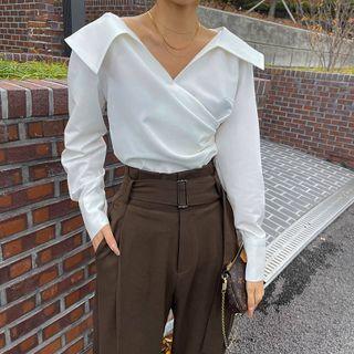 Collared Draped Wrap Blouse (ivory / Check)