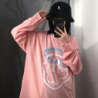 Long-sleeve Lettering Smile Face T-shirt Pink - One Size