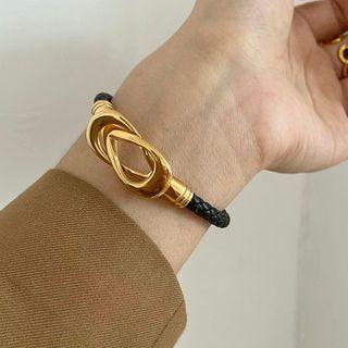 Braided Leather Bracelet E139 - Black & Gold - One Size