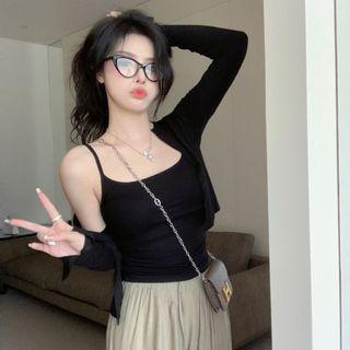 Plain Camisole Top / Cardigan / Wide Leg Pants / Set