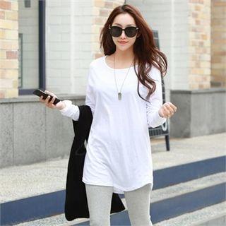 Plain Round-neck Long T-shirt
