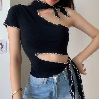 Mock-turtleneck Short-sleeve Cutout T-shirt