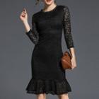 3/4-sleeve Ruffle Hem Sheath Lace Dress