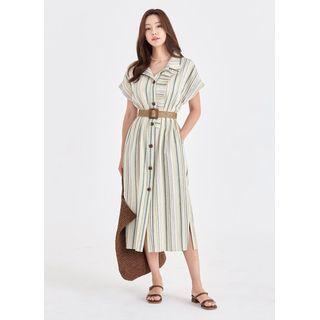 Rollup-sleeve Pleated-trim Stripe Long Shirtdress Green - One Size