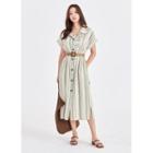 Rollup-sleeve Pleated-trim Stripe Long Shirtdress Green - One Size