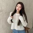 Cutout Jacquard Cropped Long-sleeve Knit Sweater