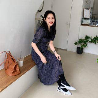 Puff-sleeve Dot Chiffon Maxi Dress Navy Blue - One Size