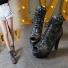 Lace-up Peep-toe Block-heel Short Boots