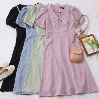 Dual-collar Puff-sleeve Midi Dress