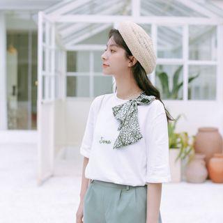 Elbow-sleeve Letter Ribbon T-shirt