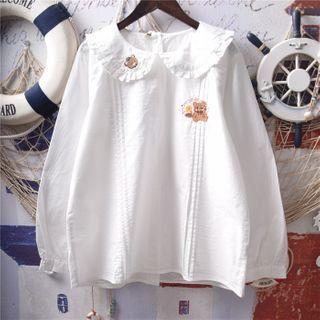 Long-sleeve Bear Embroidered Frill Trim Blouse White - One Size