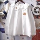 Long-sleeve Bear Embroidered Frill Trim Blouse White - One Size