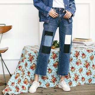 Patchwork Cropped Straight-leg Jeans