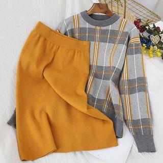 Round-neck Knit Top + High-waist Plaid Skirt Set Gray&yellow - One Size