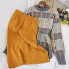Round-neck Knit Top + High-waist Plaid Skirt Set Gray&yellow - One Size