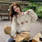 Floral Print Polo-neck Sweater Gray Beige - One Size
