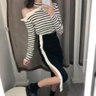 Striped Choker Knit Top / Contrast Trim Slit Midi Knit Skirt