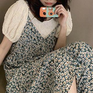 Set: Puff-sleeve Shirred Blouse + Spaghetti Strap Floral Print Midi A-line Dress