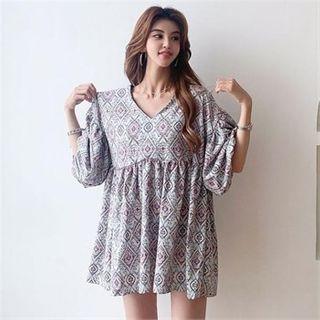 Balloon-sleeve Ethnic-pattern Long Blouse