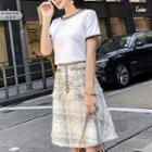 Set: Crew-neck Short-sleeve T-shirt + High Waist A-line Tweed Skirt