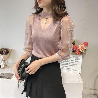 3/4-sleeve Lace Paneled Choker Neck Knit Top